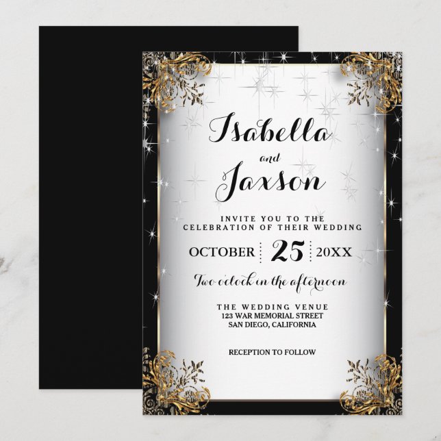 Invitación Boda elegante de noche estrellada en negro y dorad (Anverso / Reverso)