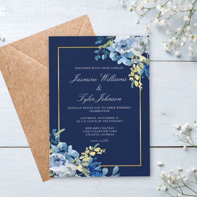 Invitación Boda elegante de noche floral de oro azul marino (Subido por el creador)