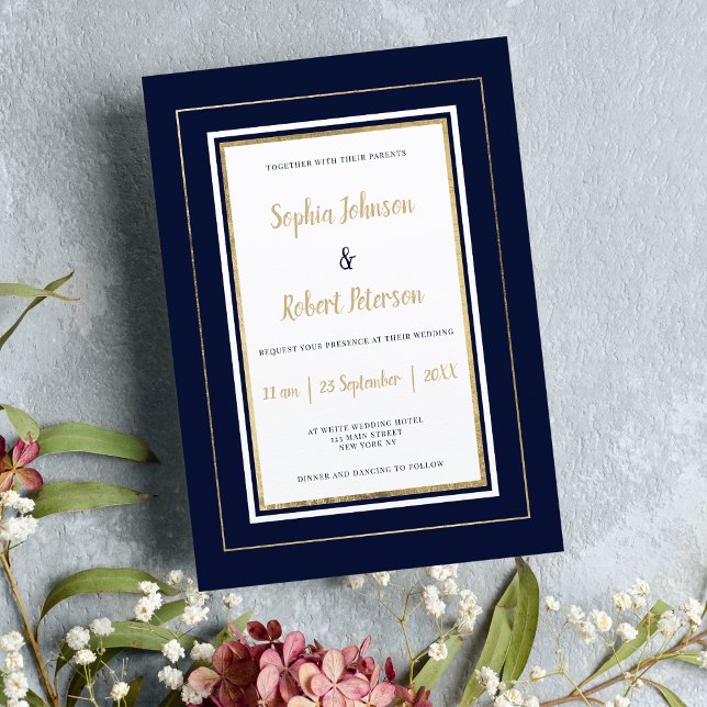 Invitación Boda elegante de oro blanco azul marino minimalist (Minimalist navy blue white gold elegant wedding)