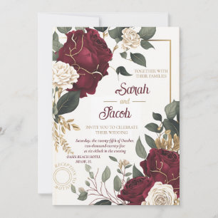 Invitación Boda elegante de oro con flores de rosa blanca de 