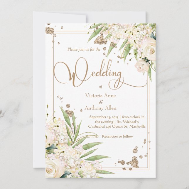 Invitación Boda elegante de oro de la vegetación floral blanc (Anverso)