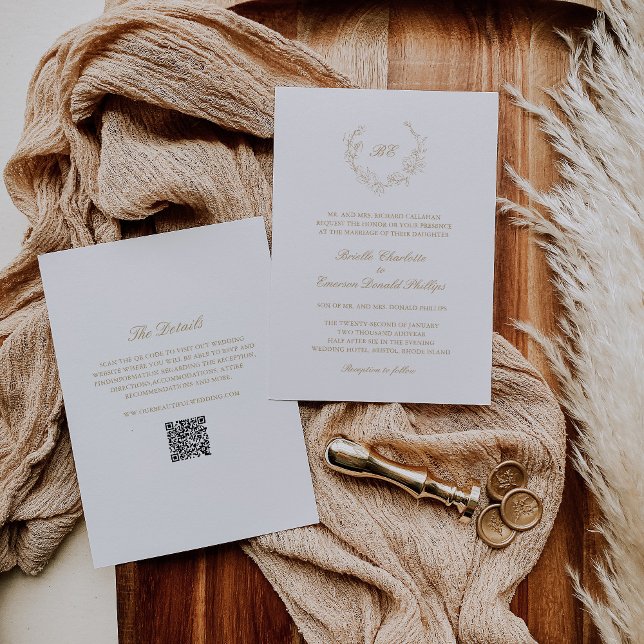 Invitación Boda elegante de oro Monograma QR Código Wreath (Subido por el creador)