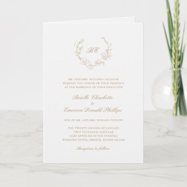 Invitación Boda elegante de oro Monograma QR Código Wreath (Anverso)