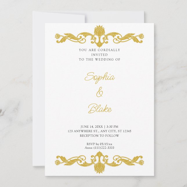 Invitación Boda elegante de oro y Art Deco Blanco (Anverso)