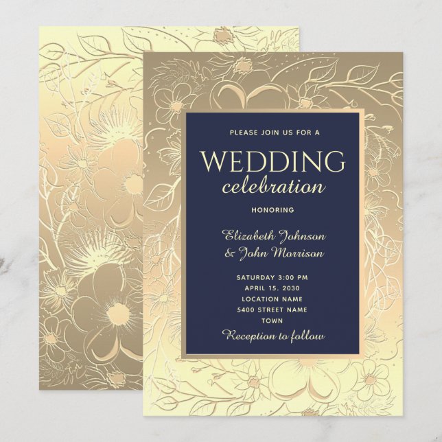 Invitación Boda elegante de oro y azul marino (Anverso / Reverso)