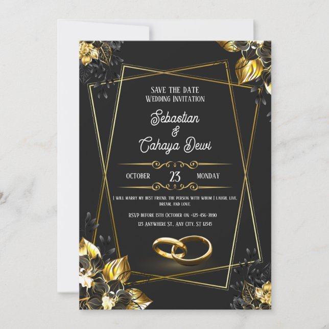 Invitación Boda elegante de oro y negro (Anverso)