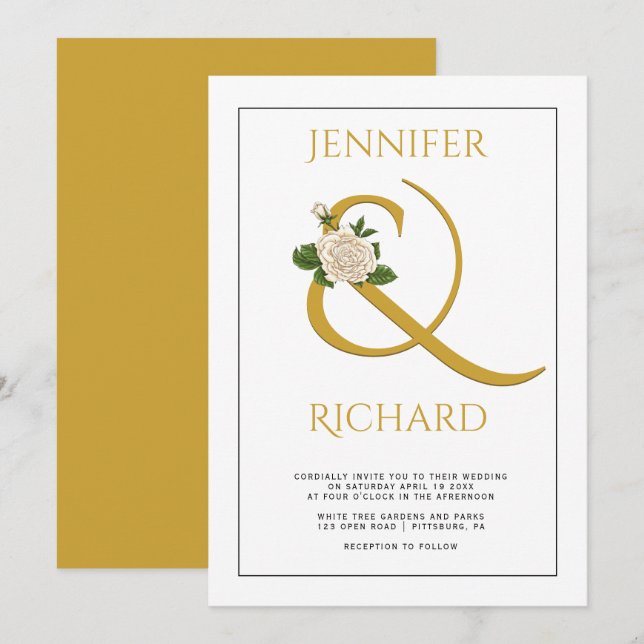 Invitación Boda elegante de oro y rosa blanco (Anverso / Reverso)
