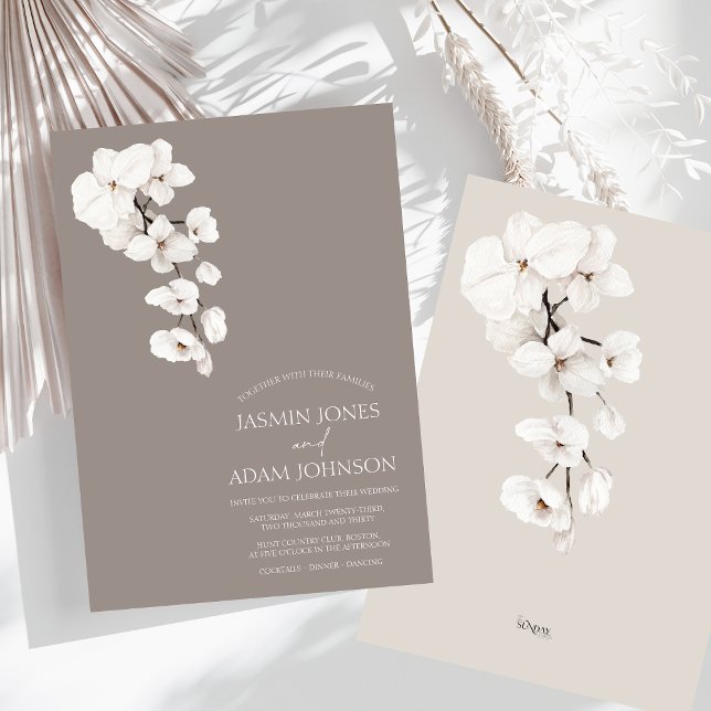 Invitación Boda elegante de orquídeas blancas grises modernas (Modern Gray White Orchids Wedding Invitation)