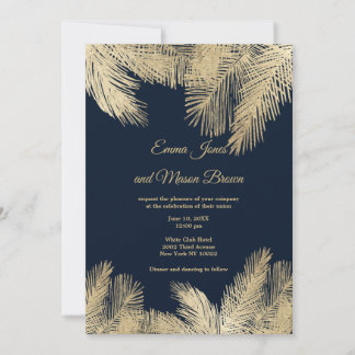 Invitación Boda elegante de palma tropical de oro azul marino