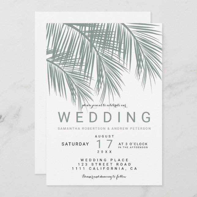 Invitación Boda elegante de palmera verde polvorienta moderna (Anverso / Reverso)