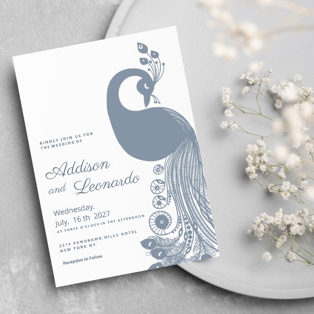 Invitación Boda elegante de pavo real azul polvoriento blanco (White dusty blue royal peacock elegant Wedding )