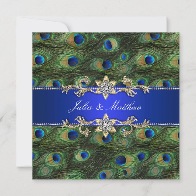 Invitación Boda elegante de pavo real azul real (Anverso)