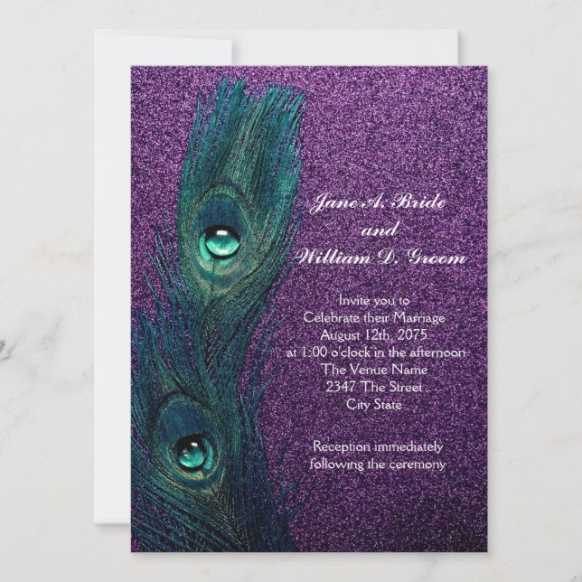 Invitación Boda Elegante de Pavo Real Azul Teal y Púrpura (Anverso)