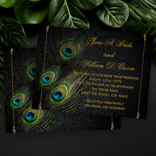 Invitación Boda Elegante de Pavo Real Negro y Dorado