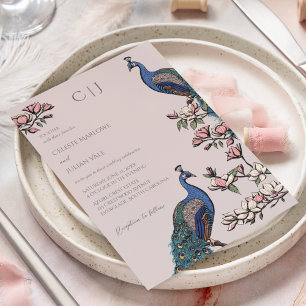 Invitación Boda elegante de pavos reales y flores de color ro