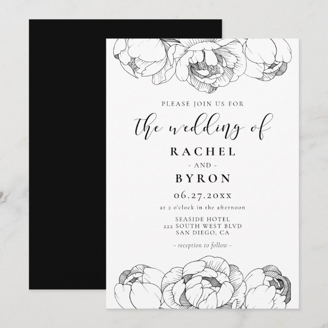 Invitación Boda elegante de peonatos negros y blancos (Anverso / Reverso)