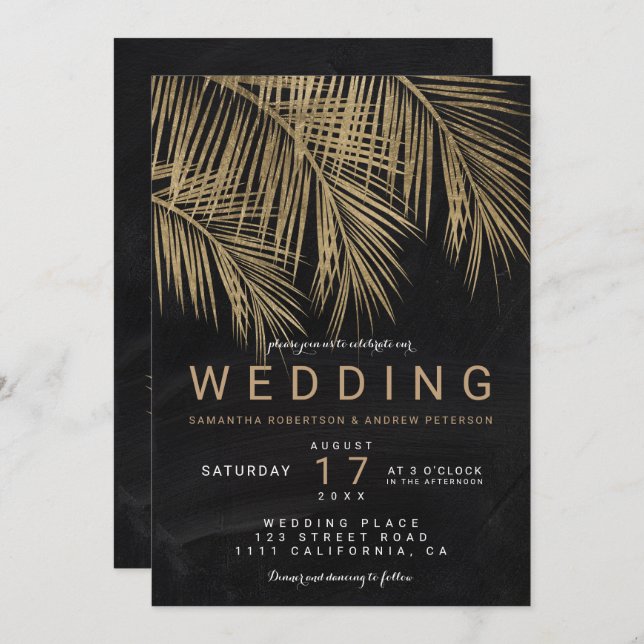 Invitación Boda elegante de pizarra de palmera dorada moderna (Anverso / Reverso)