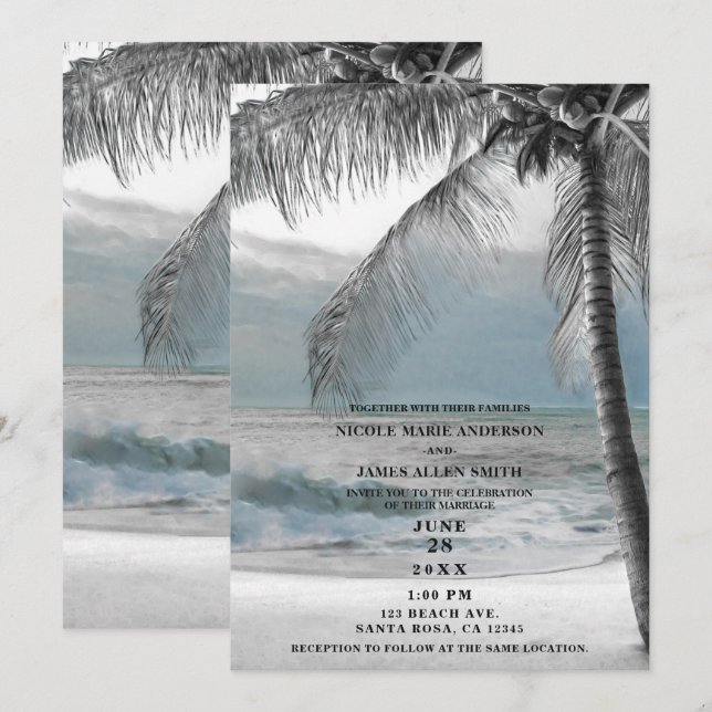 Invitación Boda Elegante de Playa con Árbol de Cocoteros de P (Anverso / Reverso)