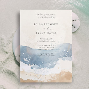 Invitación Boda elegante de playa con olas de océano azul cos