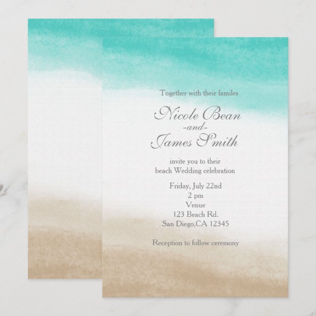 Invitación Boda elegante de playa en acuarela azul verdoso y  (Anverso / Reverso)