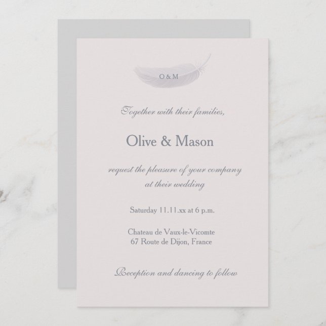 Invitación Boda elegante de pluma gris rosa Rubor monograma (Anverso / Reverso)