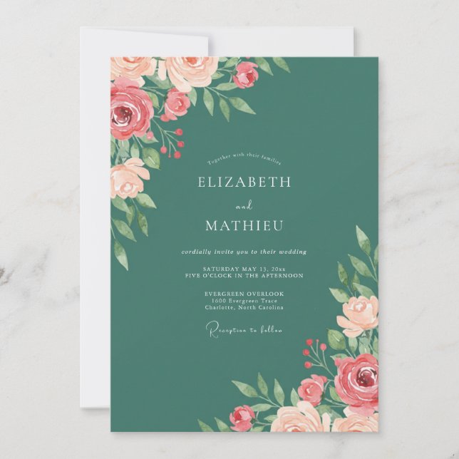 Invitación Boda elegante de primavera en azul verde (Anverso)