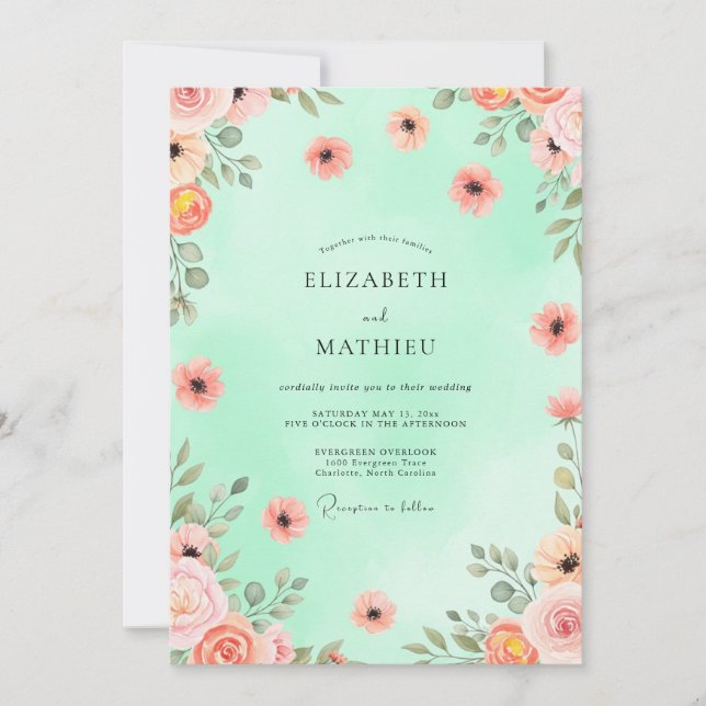 Invitación Boda elegante de primavera en verde menta (Anverso)