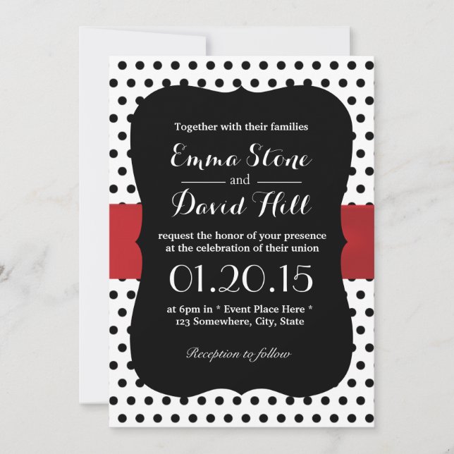 Invitación Boda elegante de puntos de polka blanco y negro (Anverso)