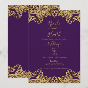 Invitación Boda elegante de púrpura real y encaje dorado