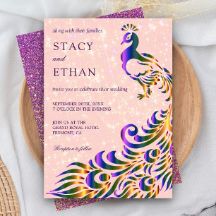 Invitación Boda Elegante de Purpura Rosa con Brillo de Pavo R