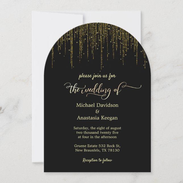 Invitación boda elegante de purpurina de guion de oro negro (Anverso)