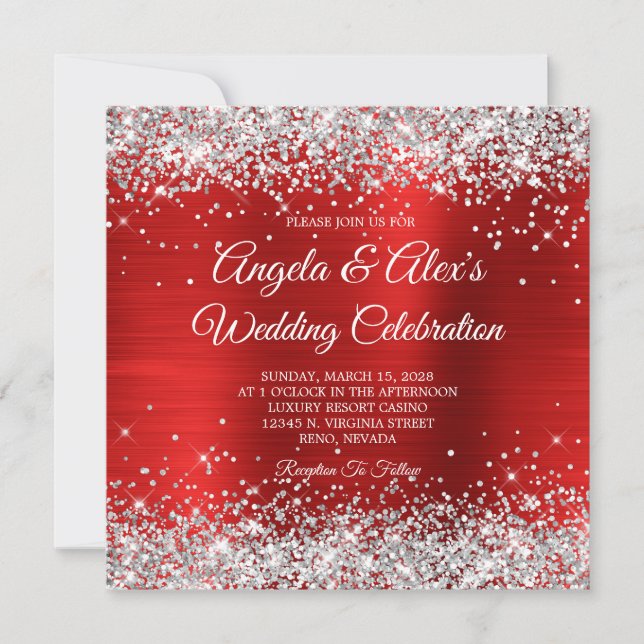 Invitación Boda elegante de Relieve metalizado rojo Purpurina (Anverso)