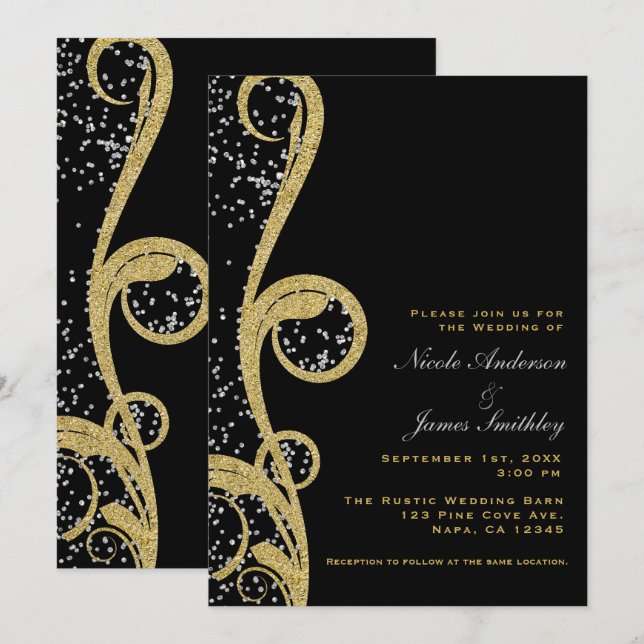 Invitación Boda elegante de remolino de oro negro y plata con (Anverso / Reverso)