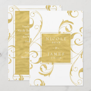 Invitación Boda elegante de remolino floral en blanco y oro f
