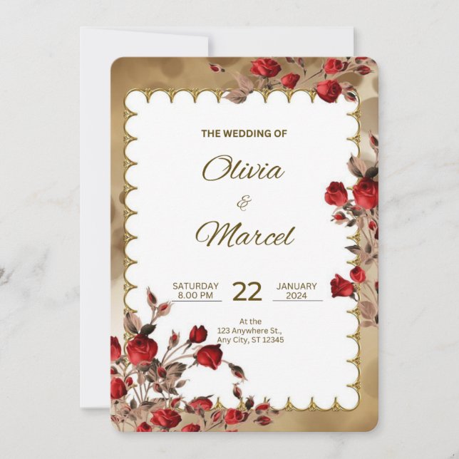 Invitación Boda elegante de rojo y dorado  (Anverso)