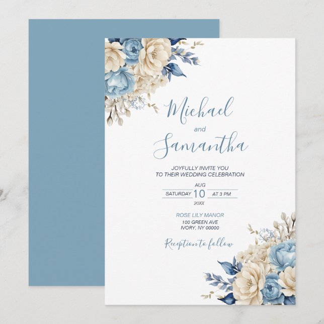 Invitación Boda elegante de rosa azul y marfil (Anverso / Reverso)