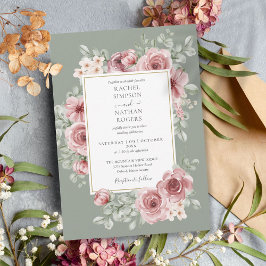 Invitación Boda elegante de rosa polvorienta floral y verde s