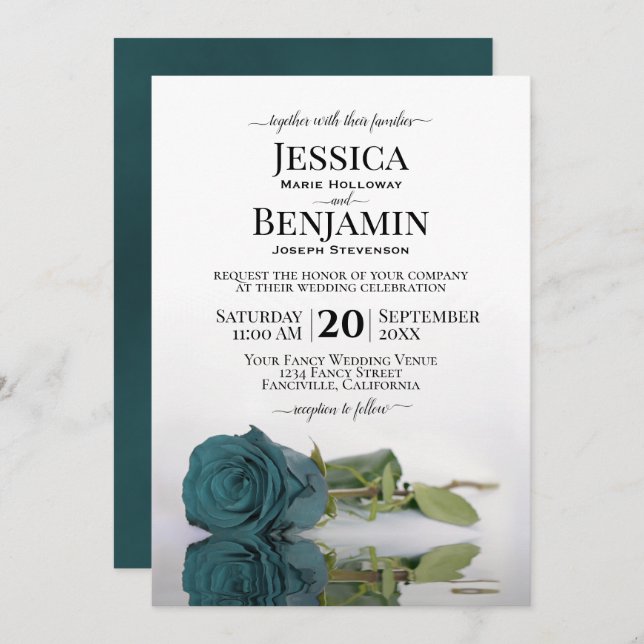 Invitación Boda elegante de Rosa turquesa Verde azulada de la (Anverso / Reverso)