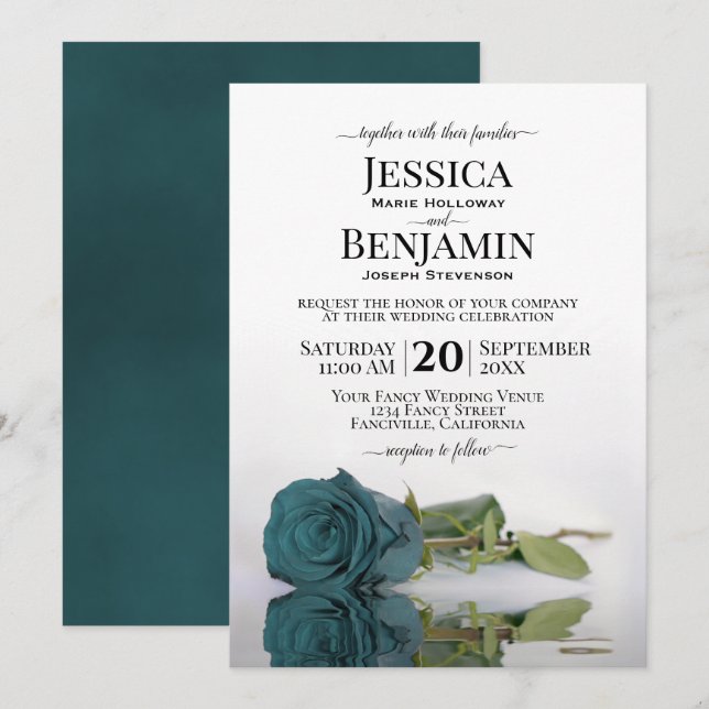 Invitación Boda elegante de Rosa turquesa Verde azulada de la (Anverso / Reverso)