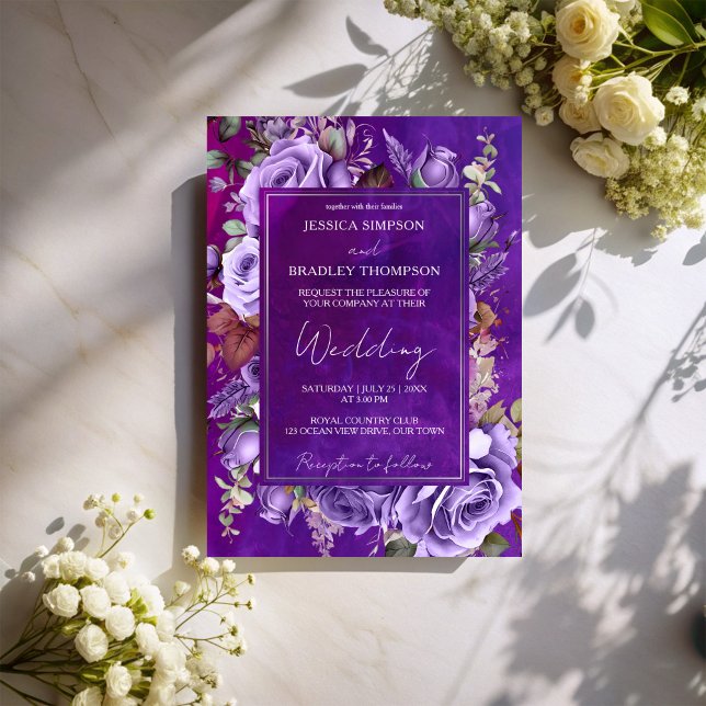 Invitación Boda elegante de rosas de la época de la lila púrp (Purple lilac  velvet vintage roses elegant wedding invitation cards template instant download)