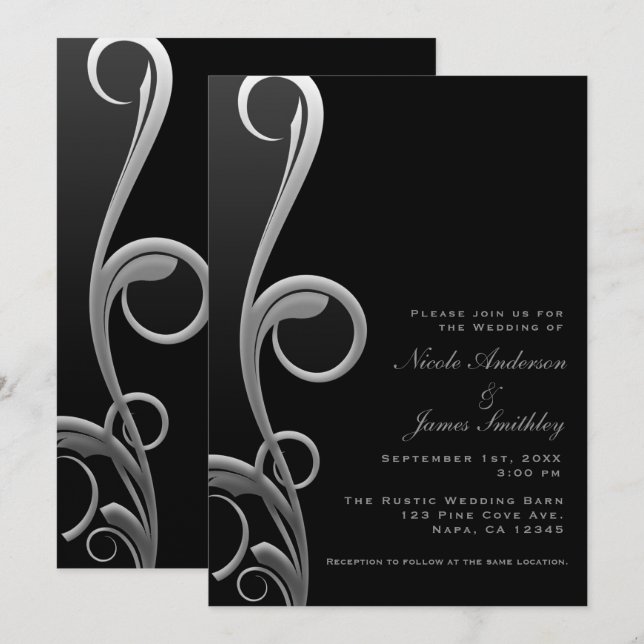 Invitación Boda elegante de Swirl Glam Moderno negro y platea (Anverso / Reverso)