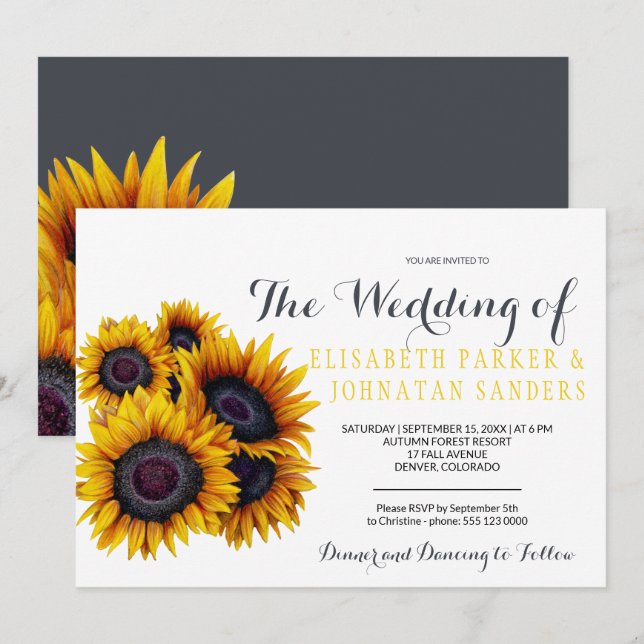 Invitación Boda elegante de verano de girasoles amarillos (Anverso / Reverso)