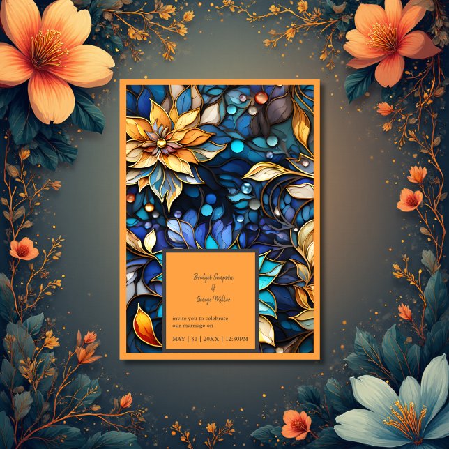 Invitación Boda elegante de vidrio azulado floral azul y dora (Subido por el creador)