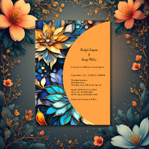 Invitación Boda elegante de vidrio azulado floral azul y dora