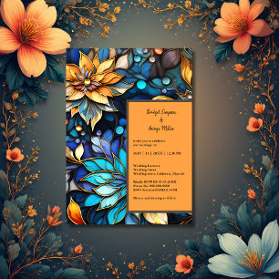 Invitación Boda elegante de vidrio azulado floral azul y dora