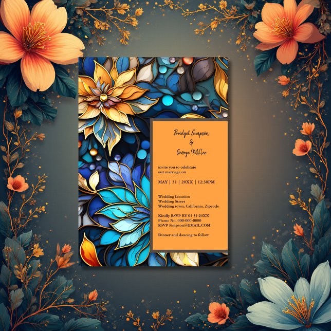 Invitación Boda elegante de vidrio azulado floral azul y dora (Subido por el creador)