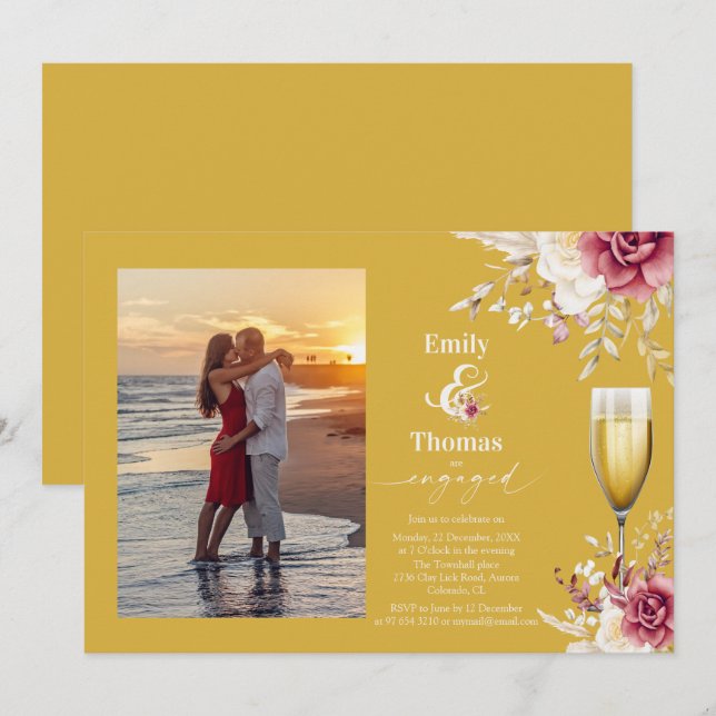 Invitación boda elegante de vidrio de champán floral (Anverso / Reverso)