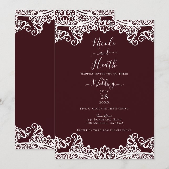 Invitación Boda elegante de vino y encaje blanco de Burdeos (Anverso / Reverso)
