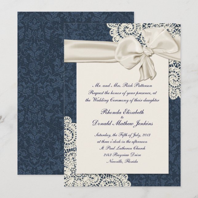 Invitación Boda elegante del cordón del damasco y de la (Anverso / Reverso)