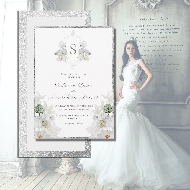 Invitación Boda elegante del Monograma de cisne blanco Escudo (Subido por el creador)